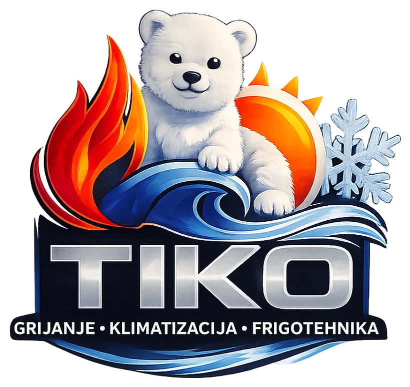 TIKO Klima logo: polarni medvjedić na valu s plamenom, suncem i pahuljom